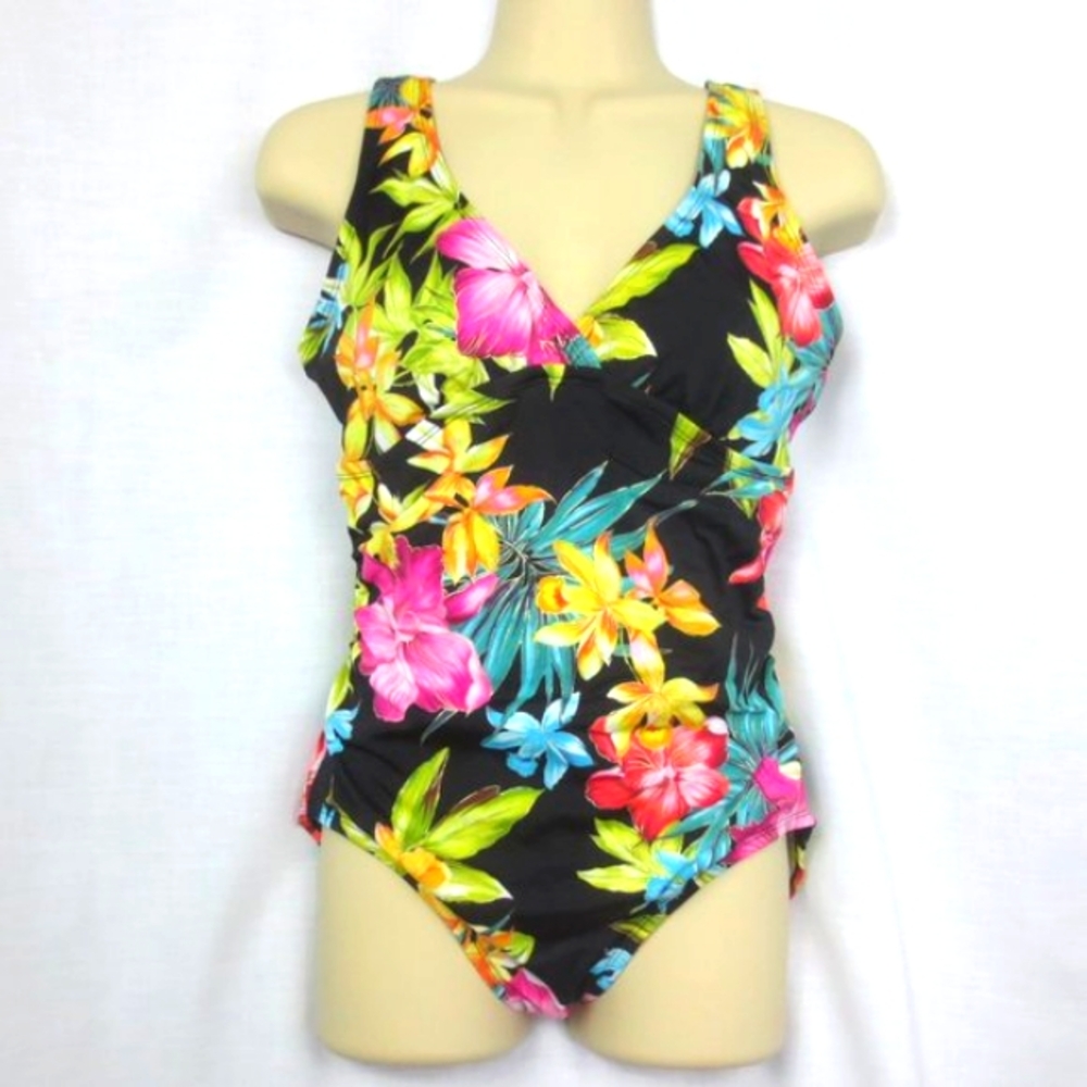 NEW Islander Swimsuit Black Colorful Tropical Print Cross Front One Piece Size 8